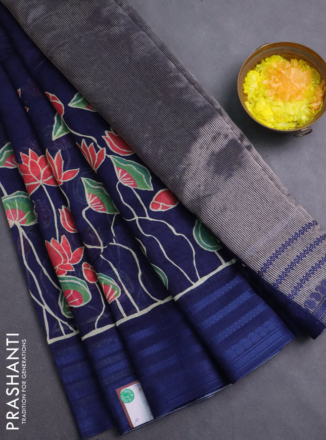 Chanderi silk cotton saree navy blue with allover prints and thread woven border
