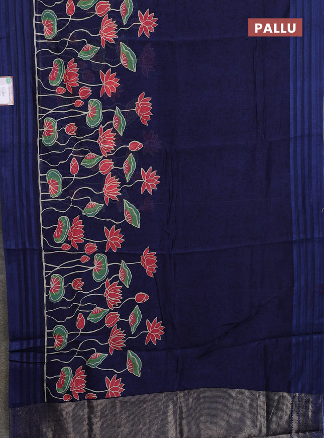 Chanderi silk cotton saree navy blue with allover prints and thread woven border