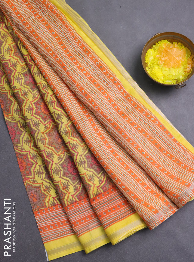 Chanderi silk cotton saree yellow and orange with allover prints and zari woven border