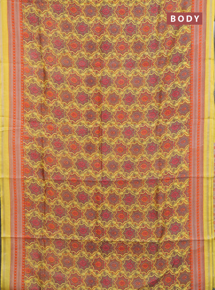 Chanderi silk cotton saree yellow and orange with allover prints and zari woven border