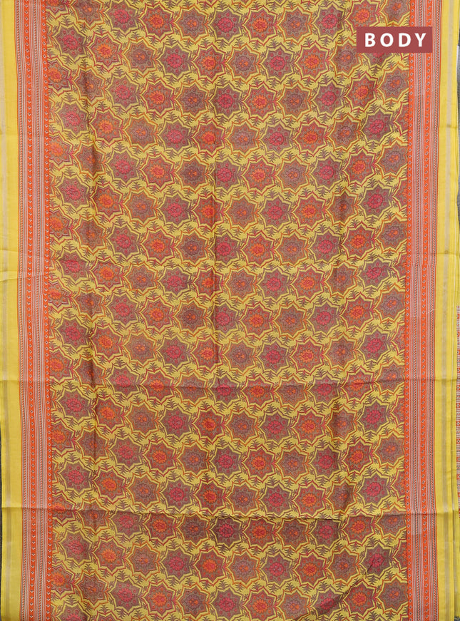 Chanderi silk cotton saree yellow and orange with allover prints and zari woven border