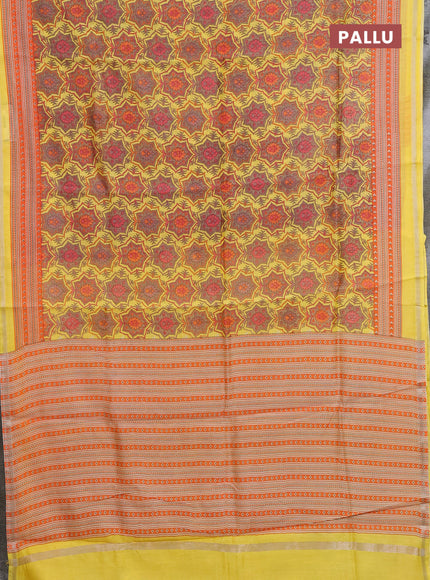 Chanderi silk cotton saree yellow and orange with allover prints and zari woven border