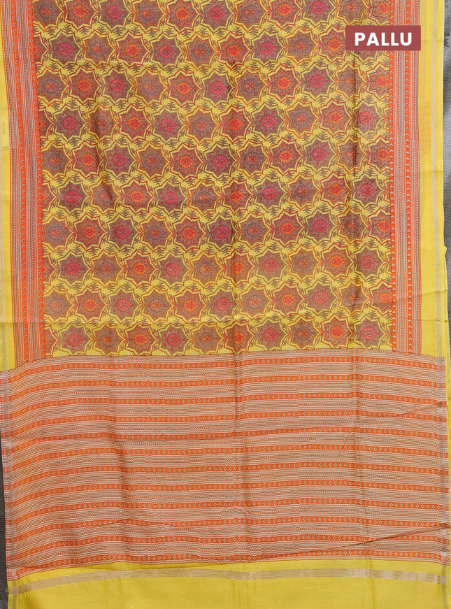 Chanderi silk cotton saree yellow and orange with allover prints and zari woven border