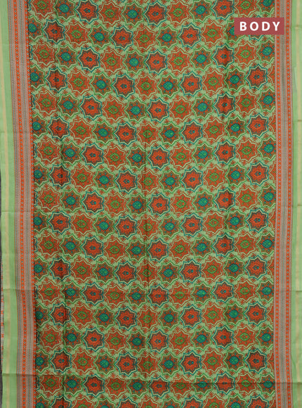 Chanderi silk cotton saree light green and orange with allover prints and zari woven border