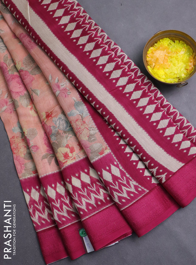 Chanderi silk cotton saree mild peach and wine shade with allover prints and thread woven border