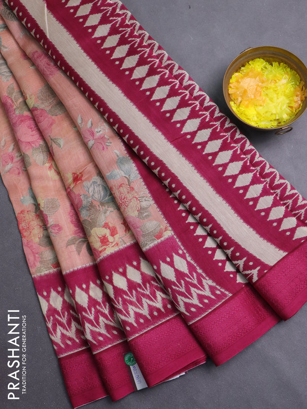 Chanderi silk cotton saree mild peach and wine shade with allover prints and thread woven border
