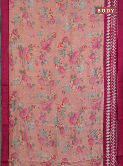 Chanderi silk cotton saree mild peach and wine shade with allover prints and thread woven border