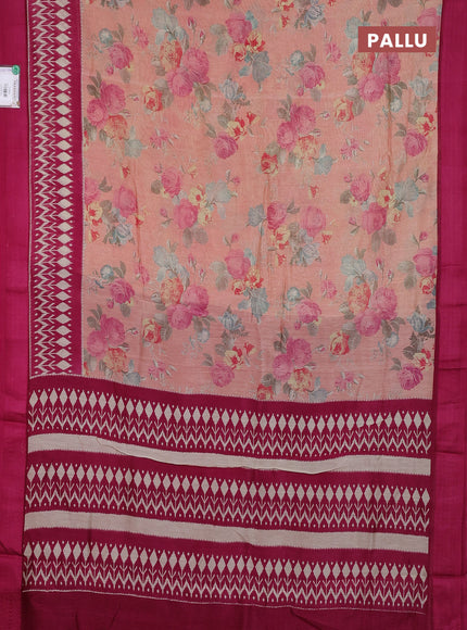 Chanderi silk cotton saree mild peach and wine shade with allover prints and thread woven border