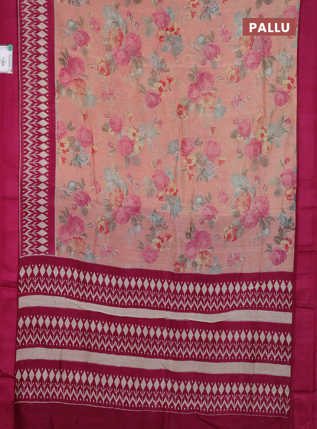 Chanderi silk cotton saree mild peach and wine shade with allover prints and thread woven border