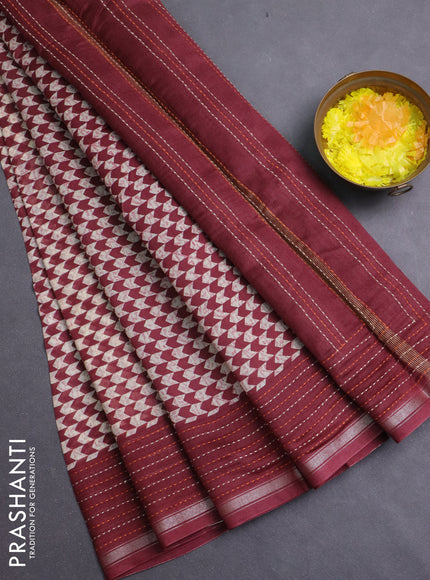Chanderi silk cotton saree beige and maroon with allover prints and kantha stich work border