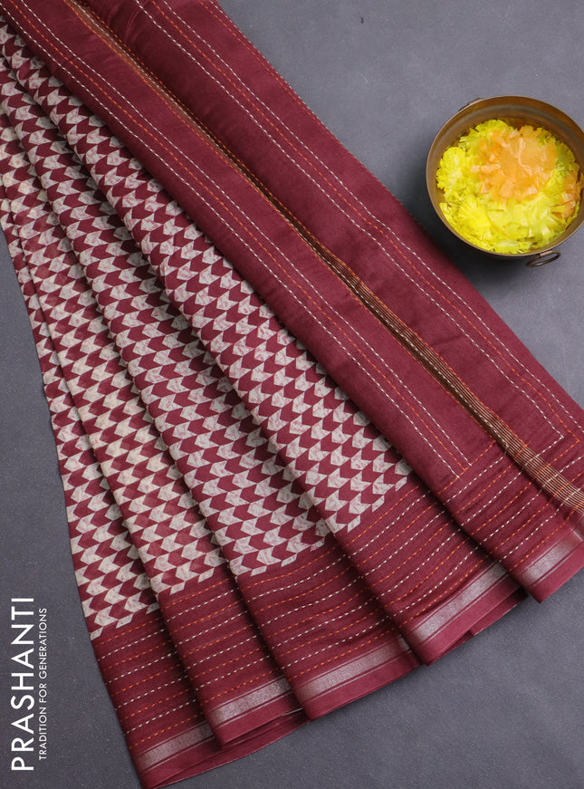 Chanderi silk cotton saree beige and maroon with allover prints and kantha stich work border