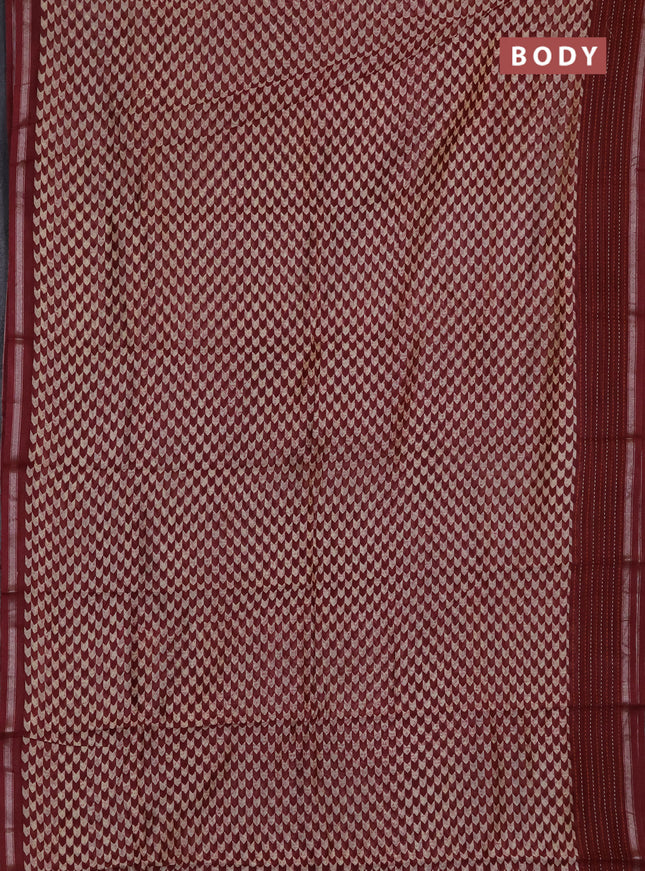 Chanderi silk cotton saree beige and maroon with allover prints and kantha stich work border