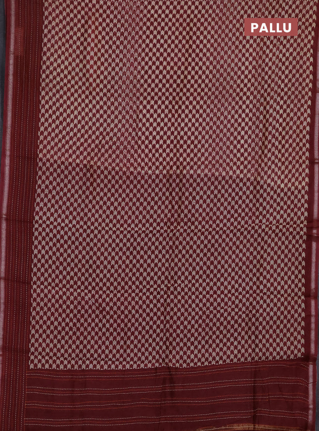 Chanderi silk cotton saree beige and maroon with allover prints and kantha stich work border