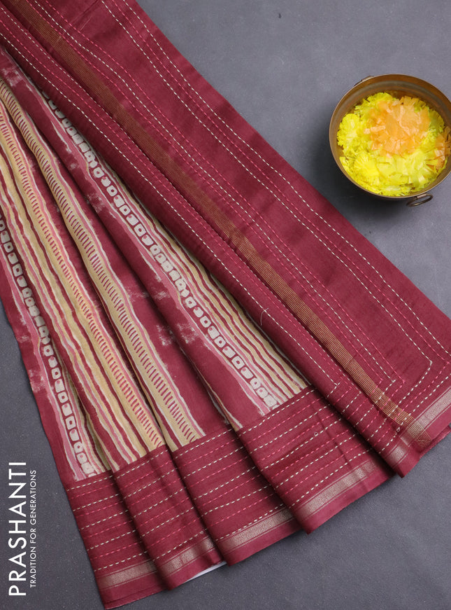 Chanderi silk cotton saree pale yellow and maroon with allover stripes prints and kantha stich work border