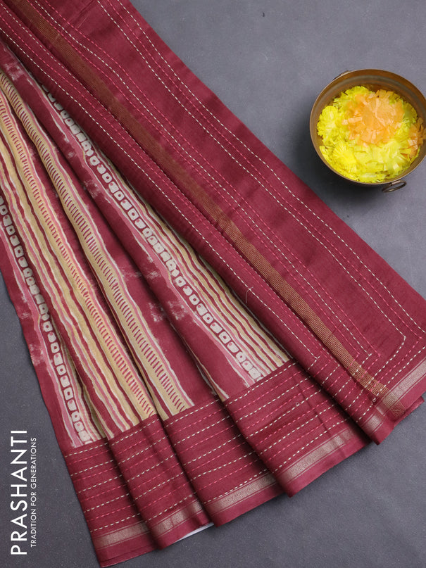 Chanderi silk cotton saree pale yellow and maroon with allover stripes prints and kantha stich work border