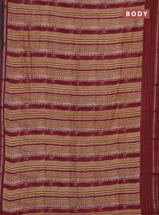Chanderi silk cotton saree pale yellow and maroon with allover stripes prints and kantha stich work border