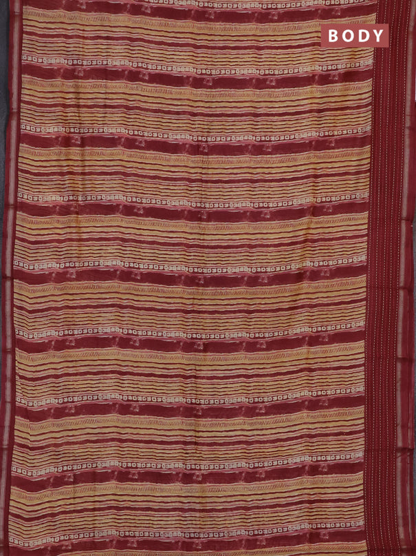 Chanderi silk cotton saree pale yellow and maroon with allover stripes prints and kantha stich work border