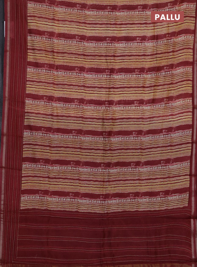 Chanderi silk cotton saree pale yellow and maroon with allover stripes prints and kantha stich work border