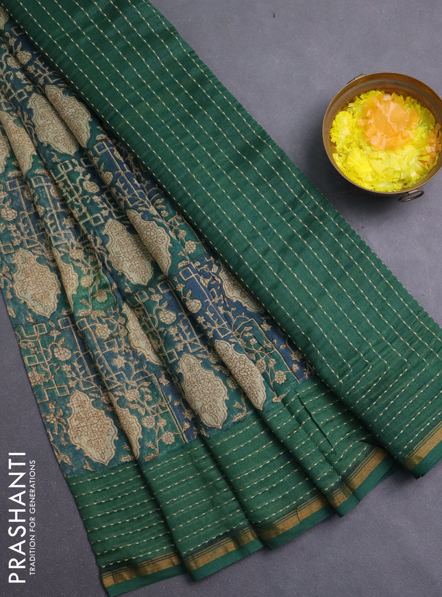 Chanderi silk cotton saree sandal and green with allover prints and kantha stich work border