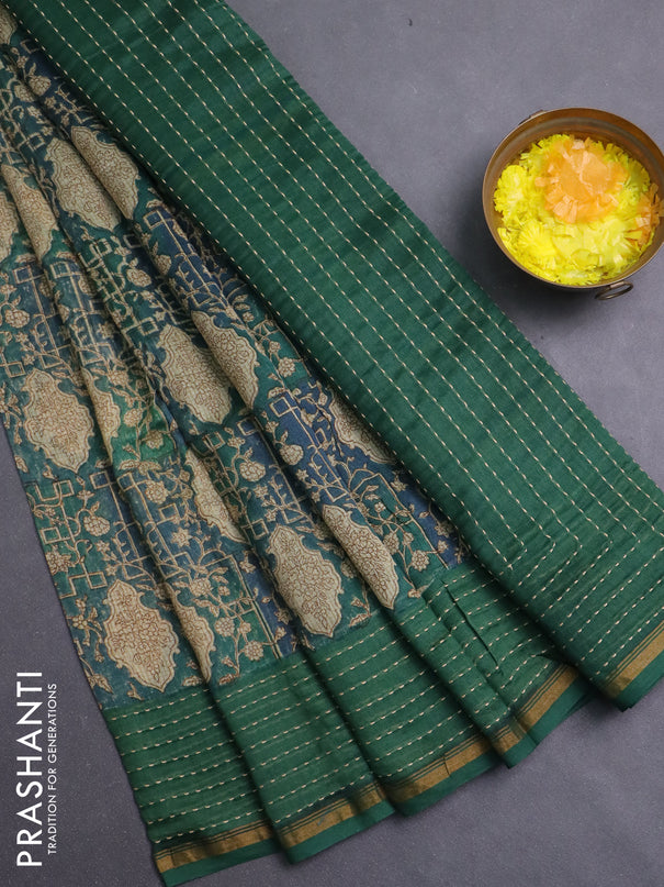 Chanderi silk cotton saree sandal and green with allover prints and kantha stich work border
