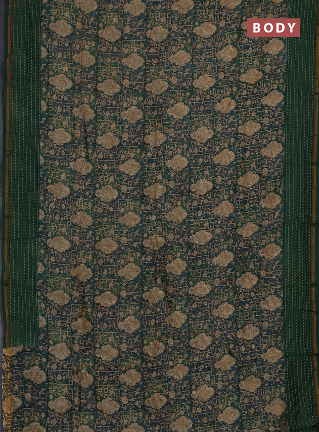 Chanderi silk cotton saree sandal and green with allover prints and kantha stich work border