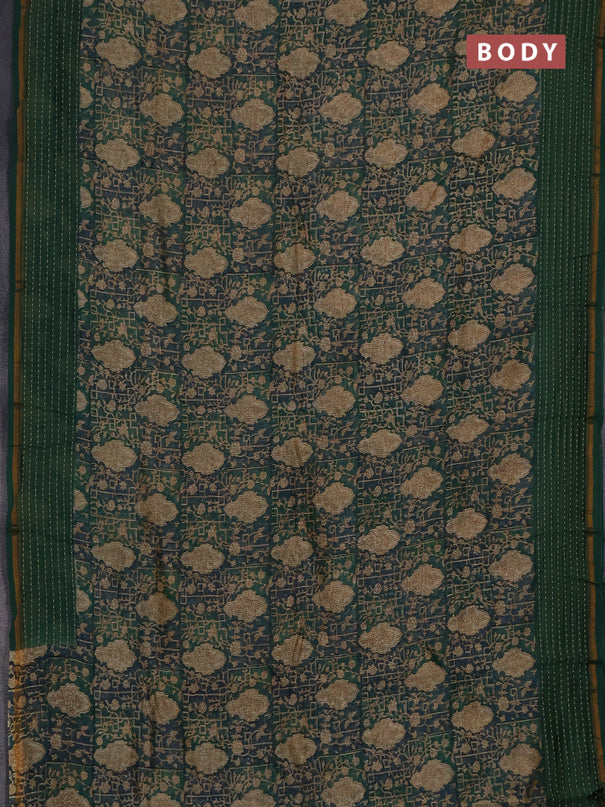 Chanderi silk cotton saree sandal and green with allover prints and kantha stich work border