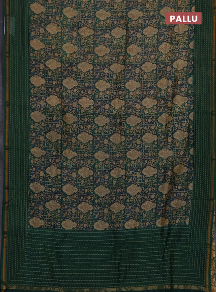 Chanderi silk cotton saree sandal and green with allover prints and kantha stich work border