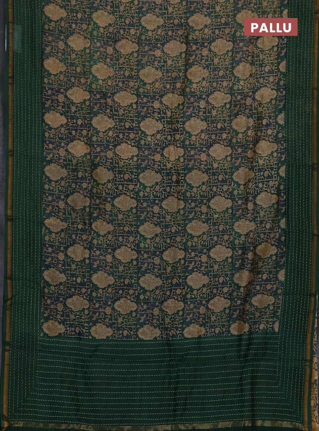 Chanderi silk cotton saree sandal and green with allover prints and kantha stich work border