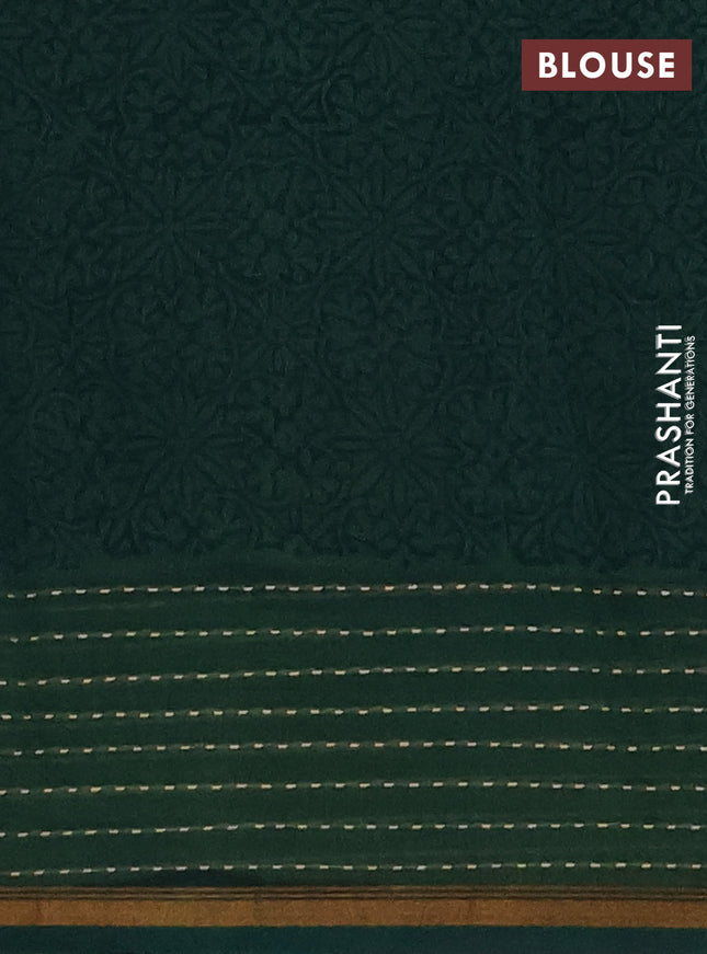 Chanderi silk cotton saree sandal and green with allover prints and kantha stich work border
