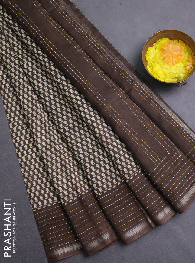 Chanderi silk cotton saree beige and brown with allover prints and kantha stich work border