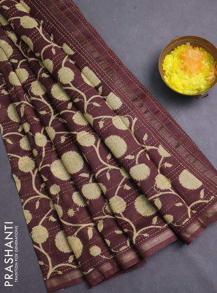 Chanderi silk cotton saree coffee brown with allover kantha stich work and zari woven border
