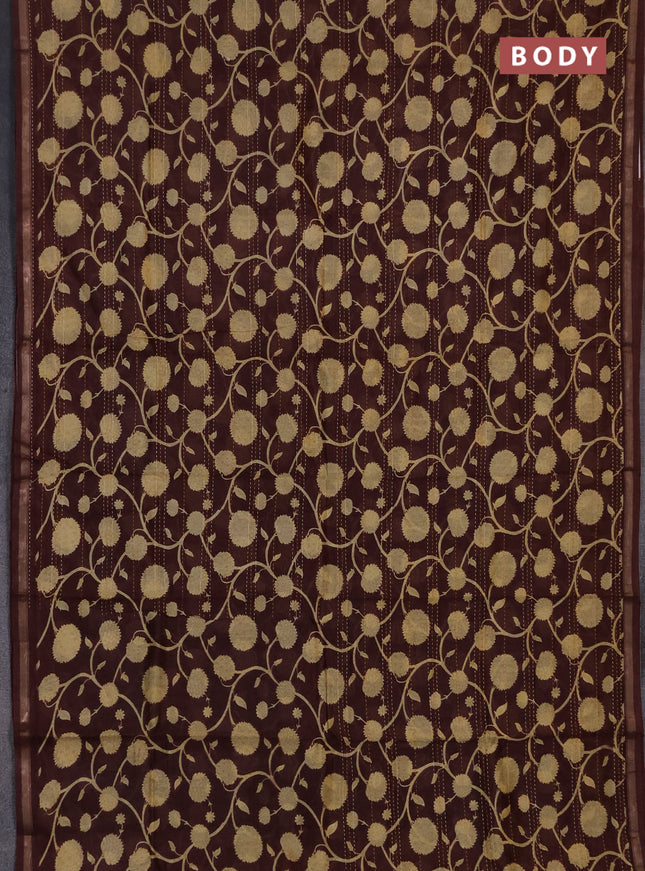 Chanderi silk cotton saree coffee brown with allover kantha stich work and zari woven border