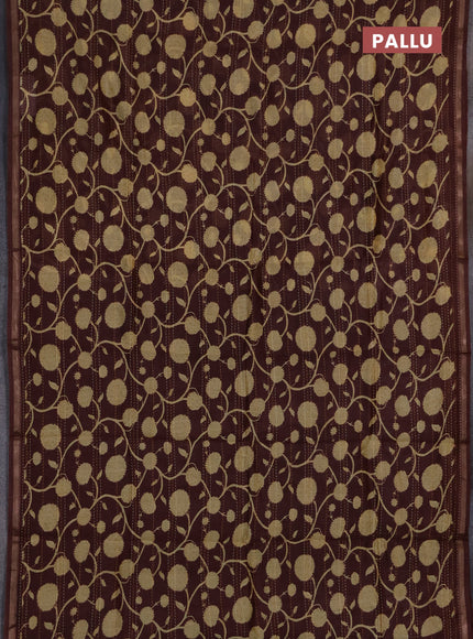 Chanderi silk cotton saree coffee brown with allover kantha stich work and zari woven border