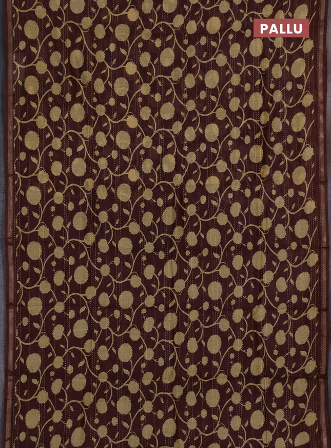 Chanderi silk cotton saree coffee brown with allover kantha stich work and zari woven border