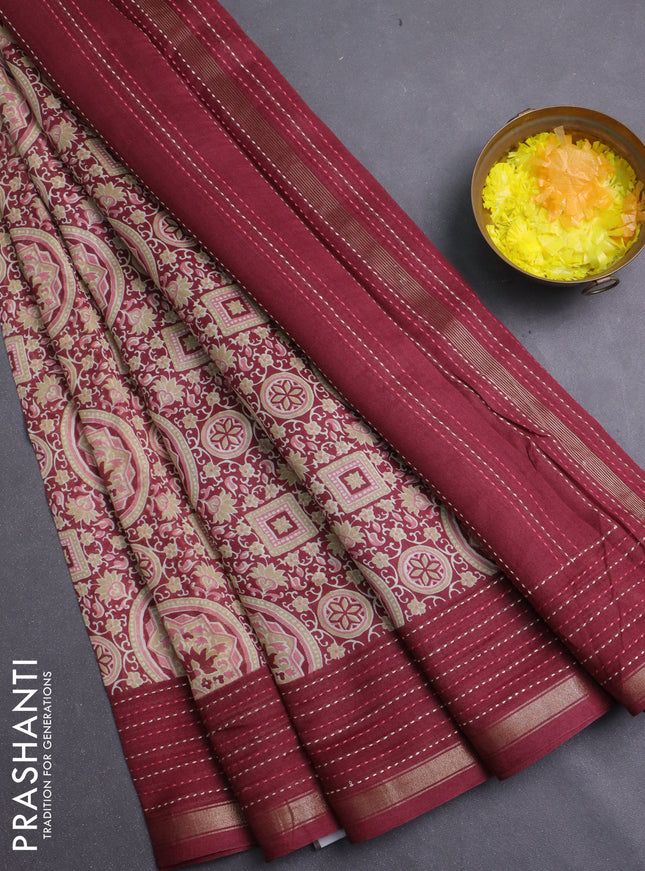 Chanderi silk cotton saree maroon with allover geometric prints and kantha stich work border