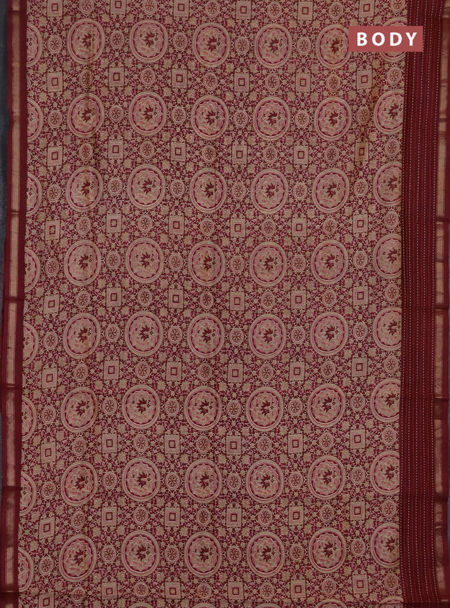 Chanderi silk cotton saree maroon with allover geometric prints and kantha stich work border