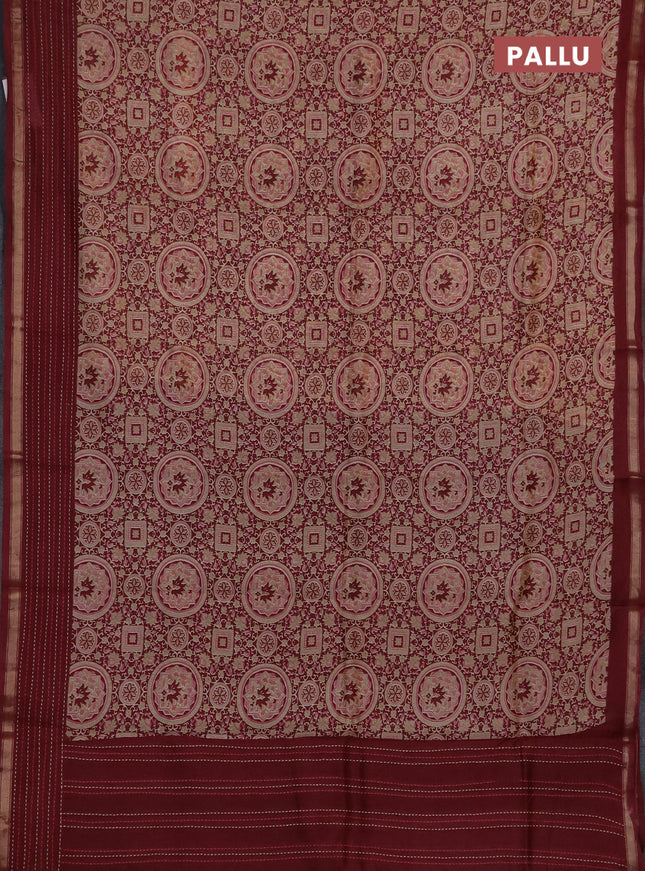 Chanderi silk cotton saree maroon with allover geometric prints and kantha stich work border