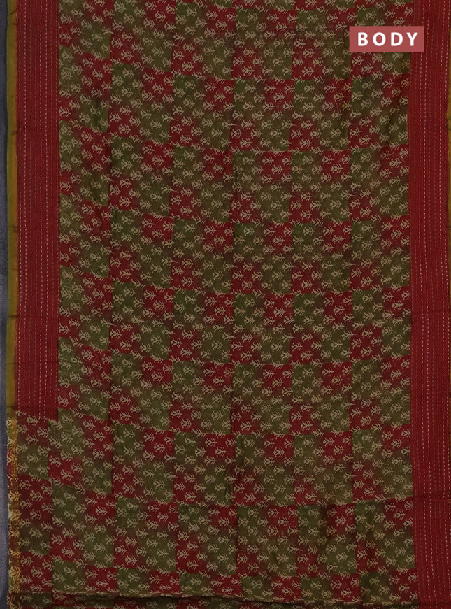 Chanderi silk cotton saree mehendi green and maroon with allover prints and kantha stich work border