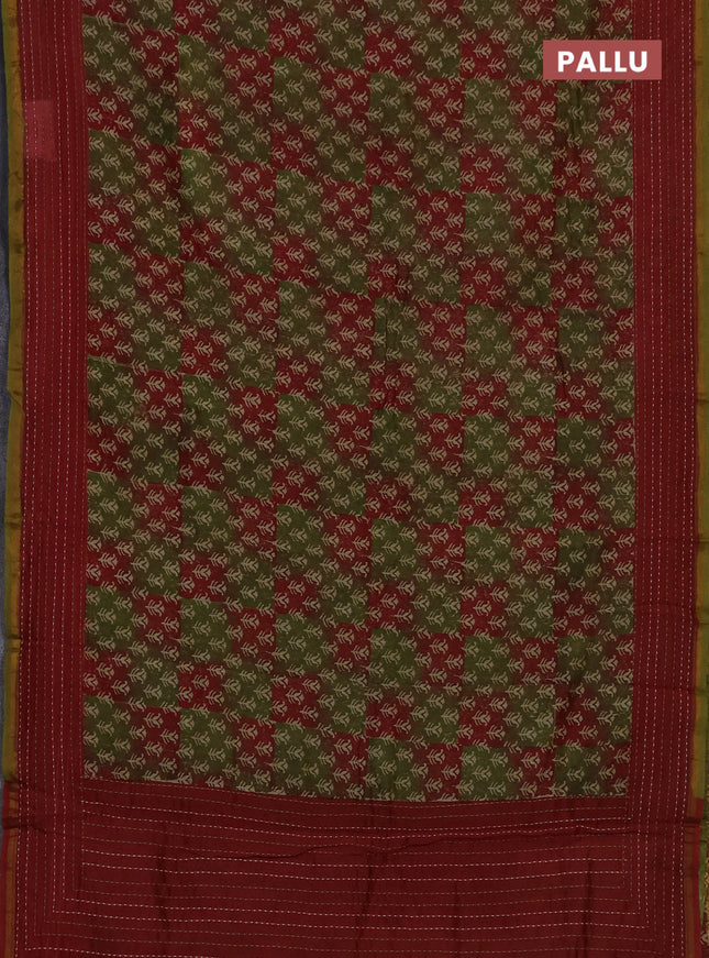 Chanderi silk cotton saree mehendi green and maroon with allover prints and kantha stich work border