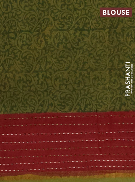 Chanderi silk cotton saree mehendi green and maroon with allover prints and kantha stich work border