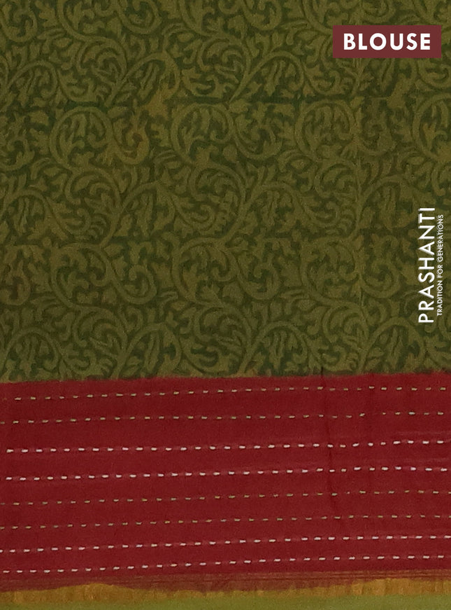 Chanderi silk cotton saree mehendi green and maroon with allover prints and kantha stich work border