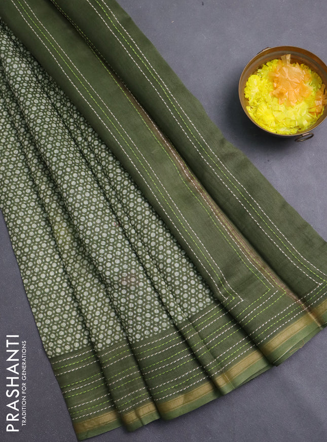 Chanderi silk cotton saree sap green with allover geometric prints and kantha stich work border