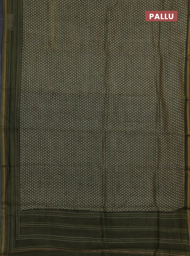 Chanderi silk cotton saree sap green with allover geometric prints and kantha stich work border
