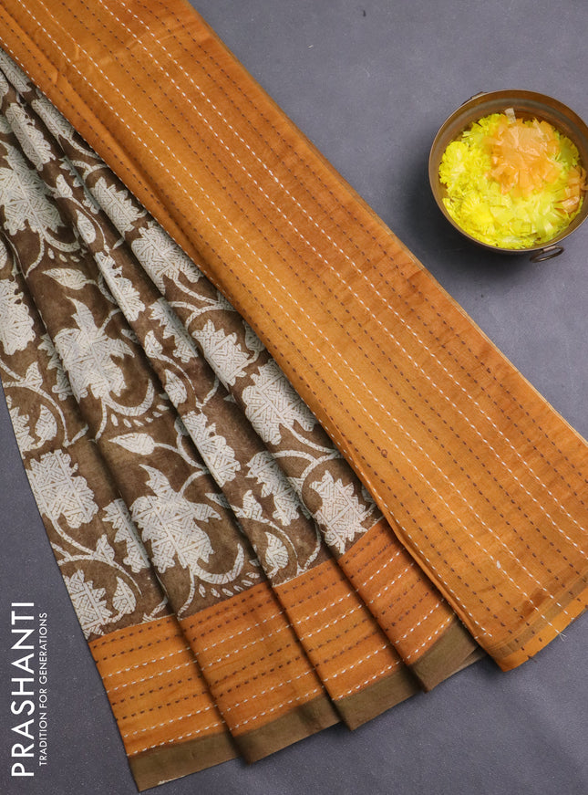 Chanderi silk cotton saree mehendi green and mustard yellow with allover prints and kantha stich work border