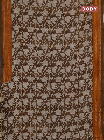 Chanderi silk cotton saree mehendi green and mustard yellow with allover prints and kantha stich work border