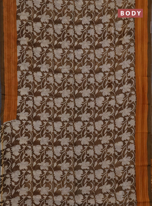 Chanderi silk cotton saree mehendi green and mustard yellow with allover prints and kantha stich work border