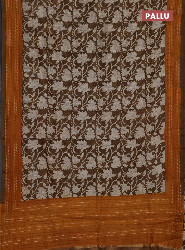 Chanderi silk cotton saree mehendi green and mustard yellow with allover prints and kantha stich work border