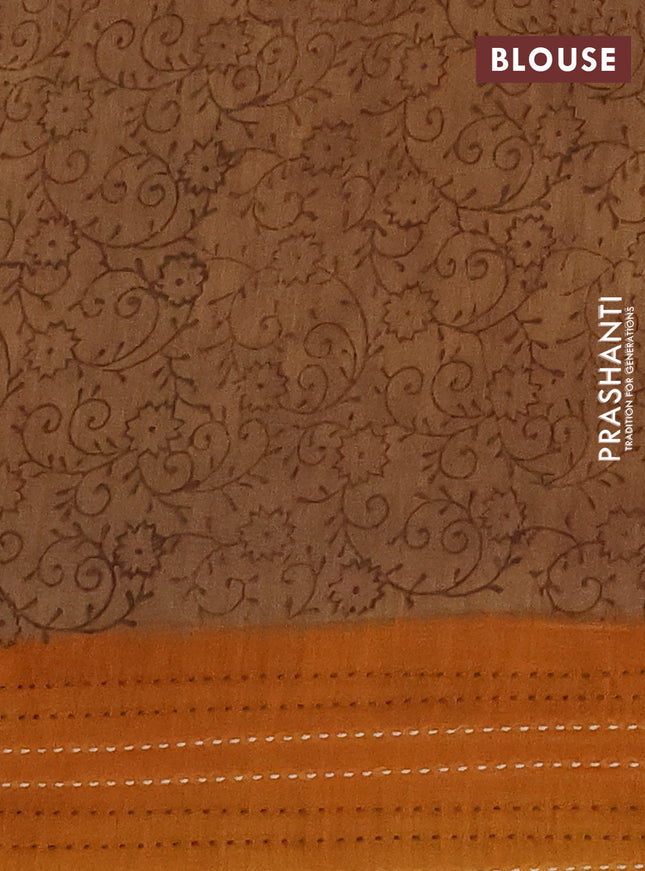 Chanderi silk cotton saree mehendi green and mustard yellow with allover prints and kantha stich work border
