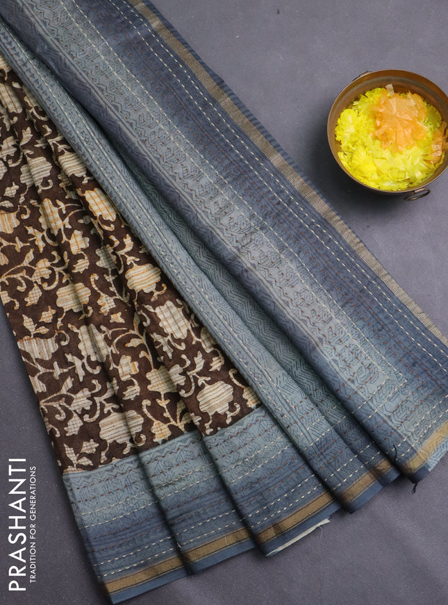 Chanderi silk cotton saree coffee brown and grey with allover prints and kantha stich work border