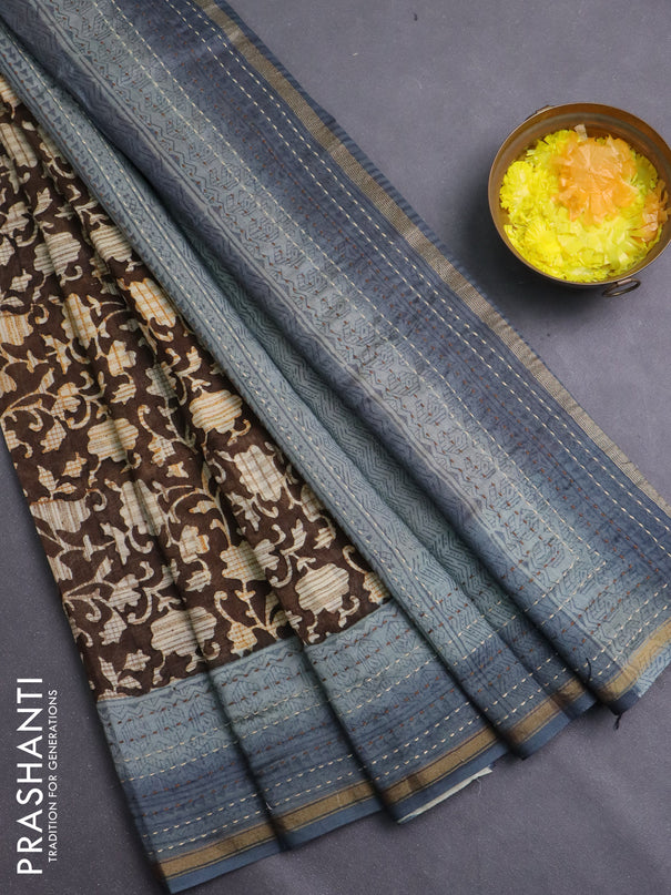 Chanderi silk cotton saree coffee brown and grey with allover prints and kantha stich work border